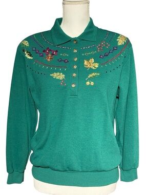 Vintage Koret Petites Green Embroidered Autumn Leaf Polo Sweatshirt Size Petite